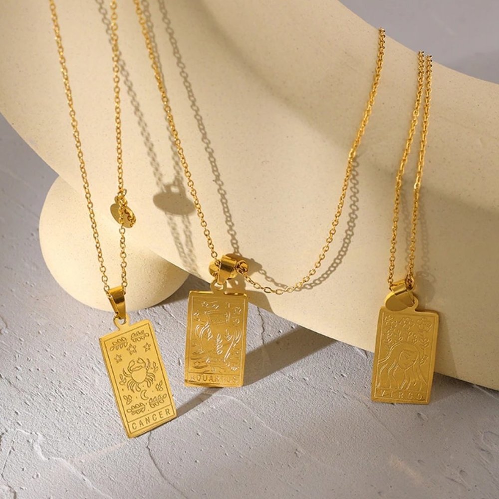 NEW 18K Gold Plated Virgo Sign Zodiac Tarot Card Square Pendant Necklace - Picture 7 of 14